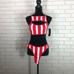 French‎ Connection Red White Striped Cutout Bikini Set High Neck Thong XL NEW